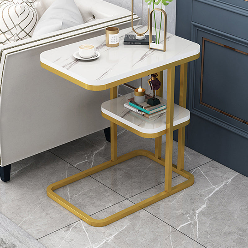 Frame Base Design Is White/black Rectangular Stone Plate Top Side Table