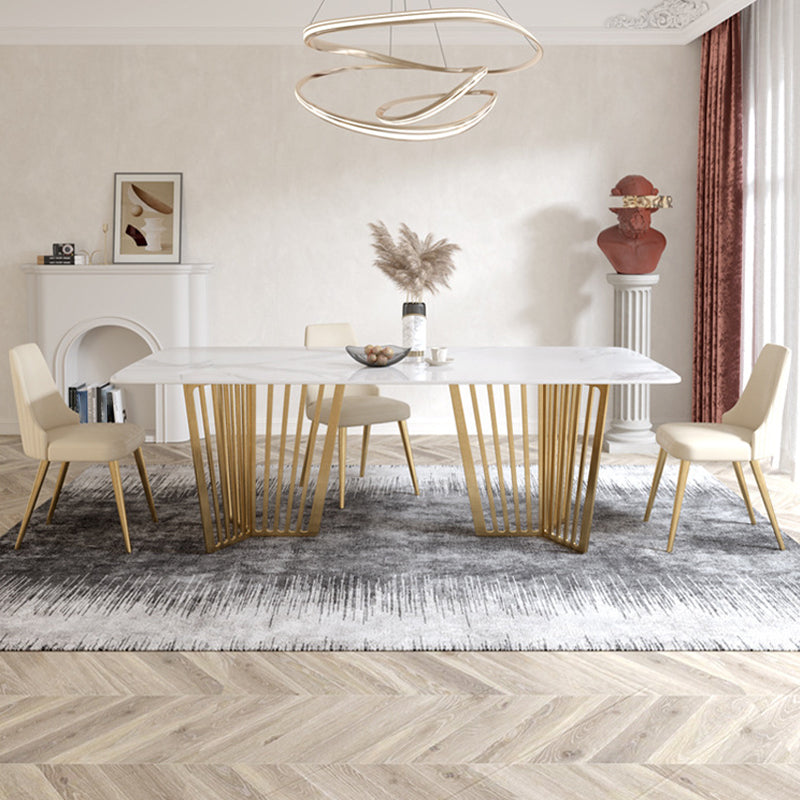 Luxury Sintered Stone Top White Table Rectangle Dining Table with Gold Double Pedestal