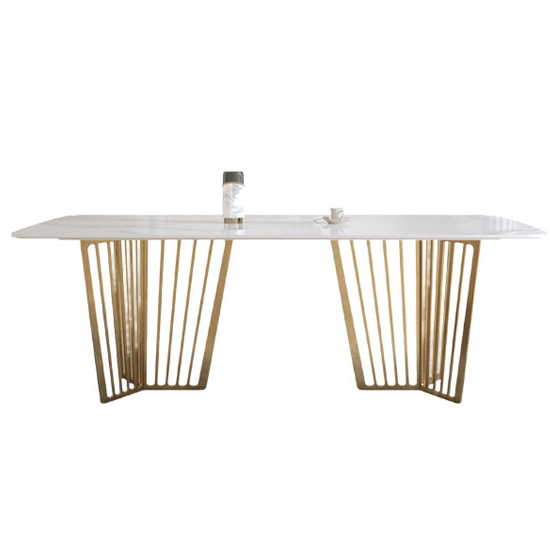 Luxury Sintered Stone Top White Table Rectangle Dining Table with Gold Double Pedestal