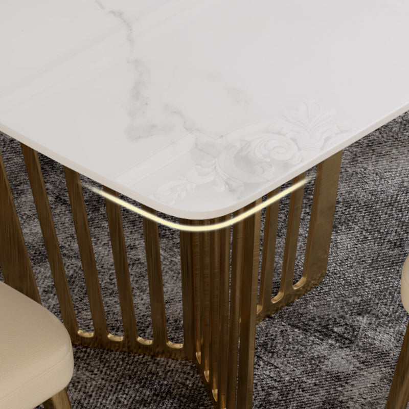 Luxury Sintered Stone Top White Table Rectangle Dining Table with Gold Double Pedestal