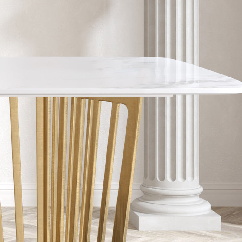 Luxury Sintered Stone Top White Table Rectangle Dining Table with Gold Double Pedestal