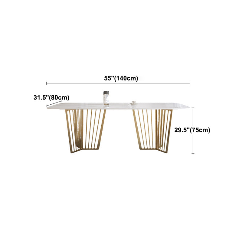 Luxury Sintered Stone Top White Table Rectangle Dining Table with Gold Double Pedestal