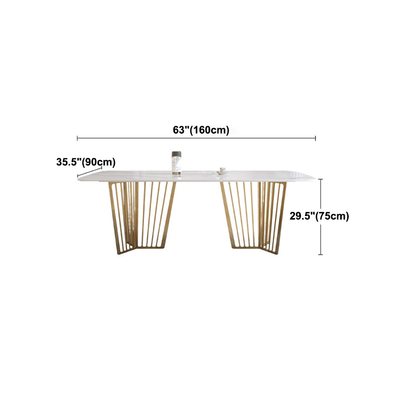 Luxury Sintered Stone Top White Table Rectangle Dining Table with Gold Double Pedestal