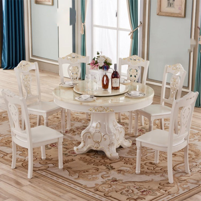 Oak Wood Base Victorian Dining Table Round Marble Top Table with Pedestal