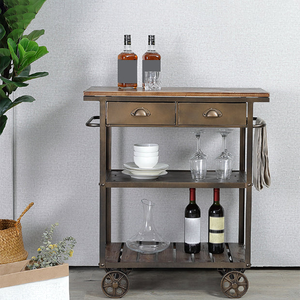 35.43" High Rolling Industrial Kitchen Trolley Wooden Kitchen Trolley for Dining Room