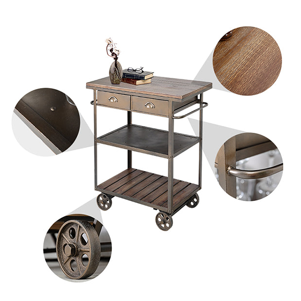 35.43" High Rolling Industrial Kitchen Trolley Wooden Kitchen Trolley for Dining Room