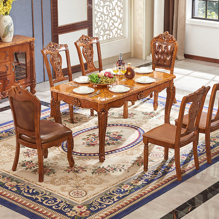 Rubberwood Victorian Rectangular Dining Table Marble Top Dining Table with 4 Legs