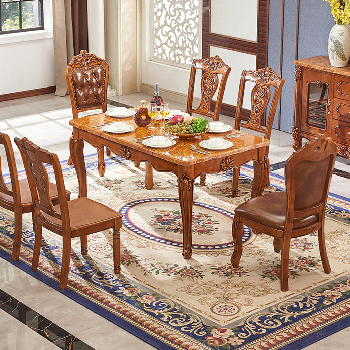 Rubberwood Victorian Rectangular Dining Table Marble Top Dining Table with 4 Legs