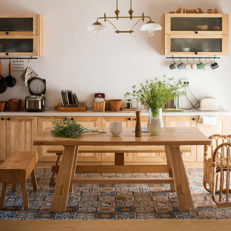Modern Pine Wood Table for Restaurant Rectangle Kitchen Table with Trestle Base