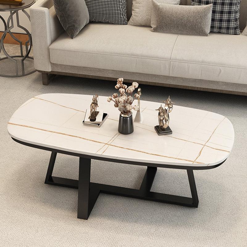 Stone Top Cross Legs Coffee Table 1 Single Oval Cocktail Table