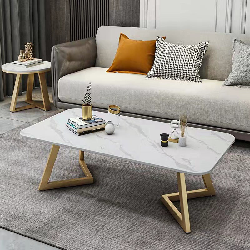 Geometric Stone Top Coffee Table in White of 17.7"/19.7" High