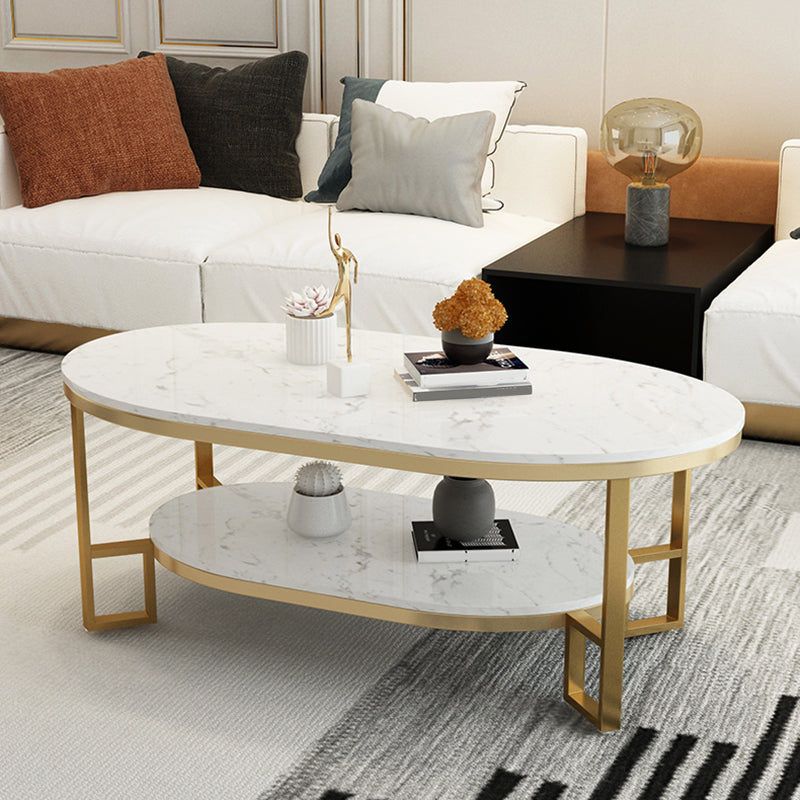 4 Legs Cocktail Table Shelf Included Oval Stone Coffee Table