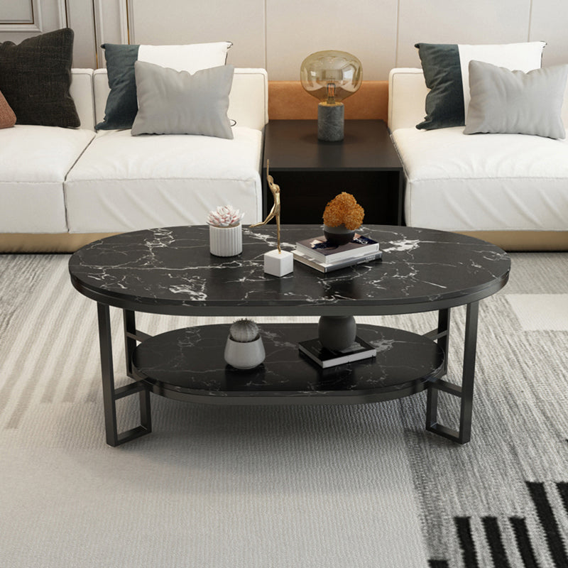 4 Legs Cocktail Table Shelf Included Oval Stone Coffee Table