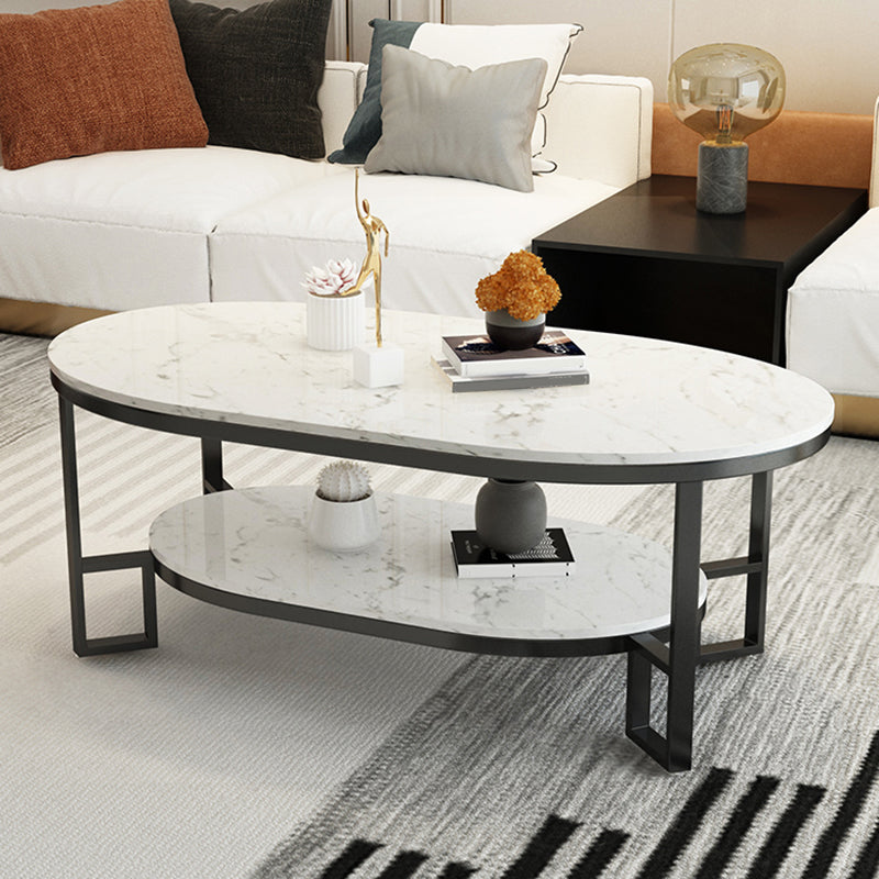 4 Legs Cocktail Table Shelf Included Oval Stone Coffee Table