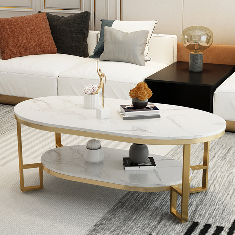 4 Legs Cocktail Table Shelf Included Oval Stone Coffee Table