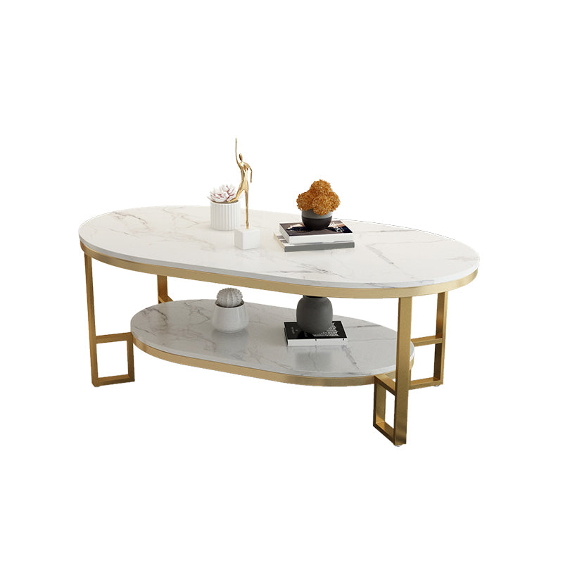 4 Legs Cocktail Table Shelf Included Oval Stone Coffee Table