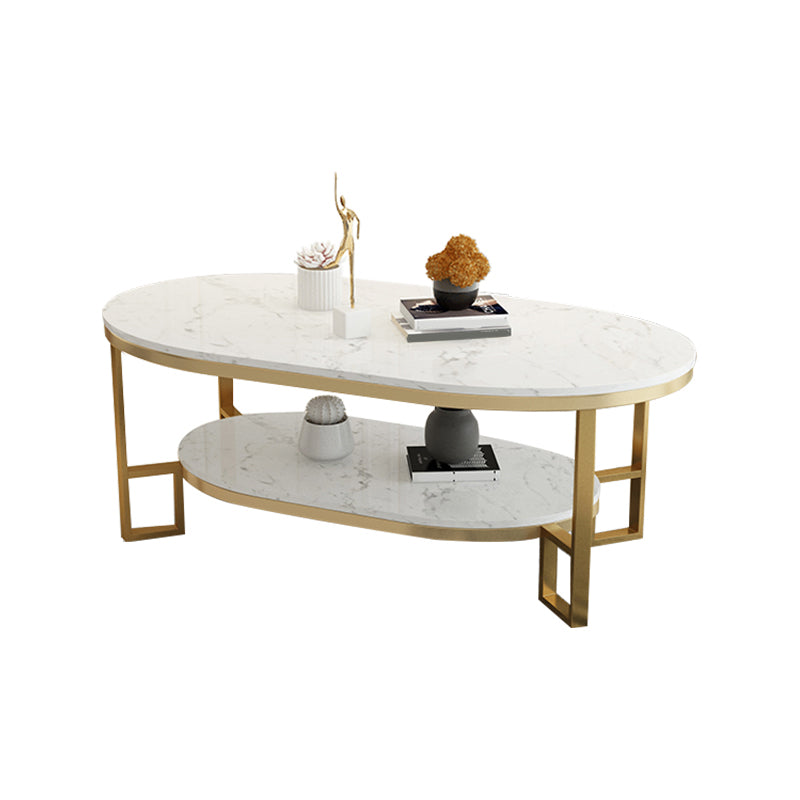 4 Legs Cocktail Table Shelf Included Oval Stone Coffee Table