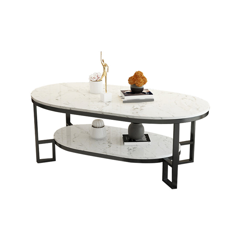 4 Legs Cocktail Table Shelf Included Oval Stone Coffee Table