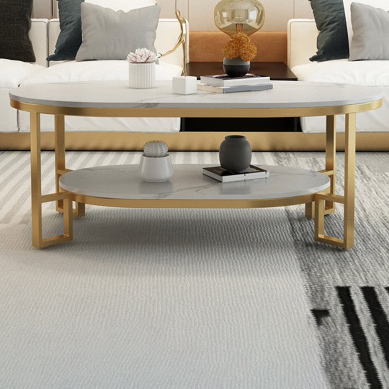 4 Legs Cocktail Table Shelf Included Oval Stone Coffee Table