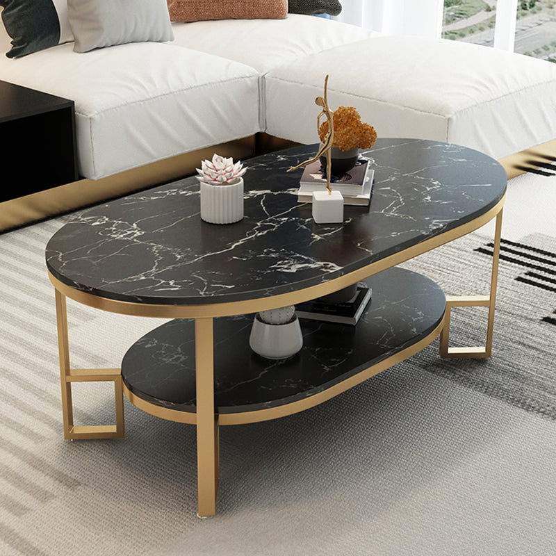 4 Legs Cocktail Table Shelf Included Oval Stone Coffee Table