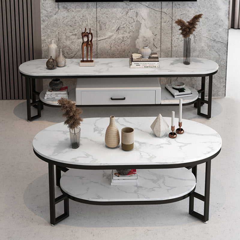 4 Legs Cocktail Table Shelf Included Oval Stone Coffee Table