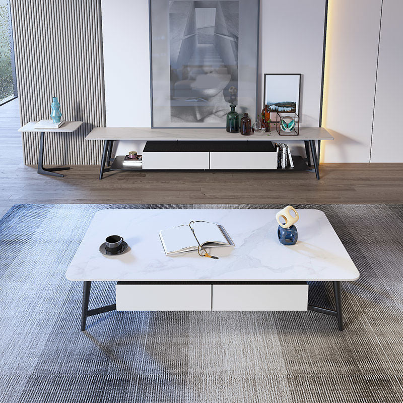 Modern Style Rock Slate Top White Gold/white/black Gold Metal Leg Coffee Table
