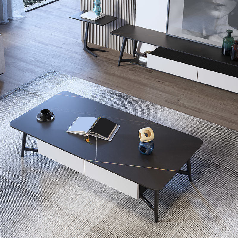 Modern Style Rock Slate Top White Gold/white/black Gold Metal Leg Coffee Table