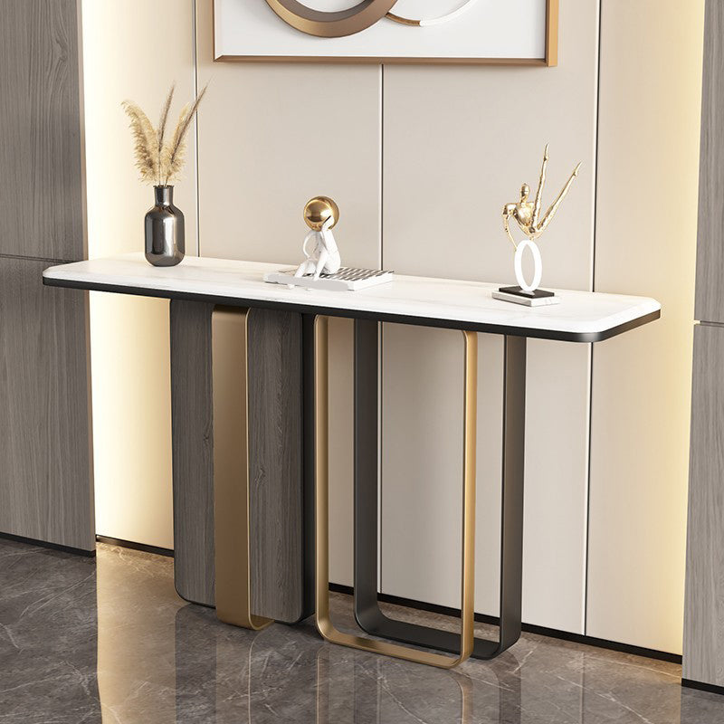 Glam Rectangle Stone Table, 31.49" H Console Accent Table in White for Hall