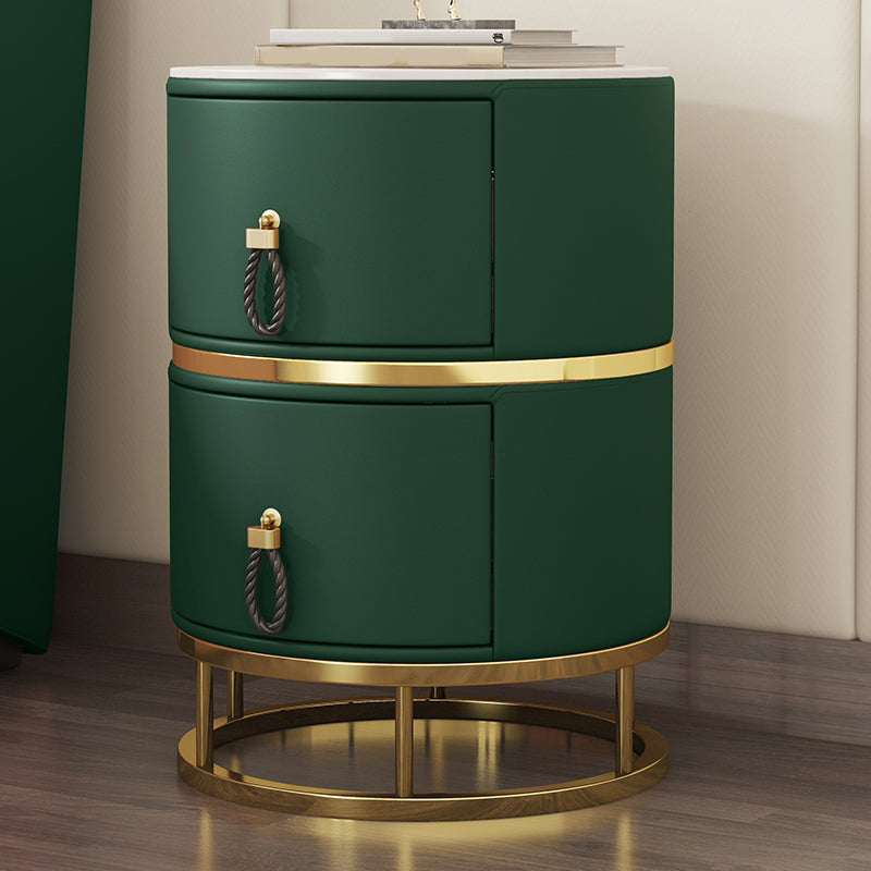 Glam Round Nightstand with 2 Drawers 20" Tall Stone Top Night Table