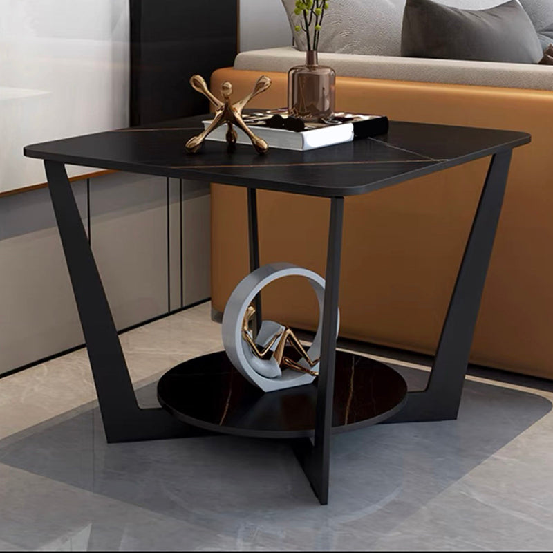 Modern Style Metal Iron Black Base Slab Top with Storage Rack Round Side Table