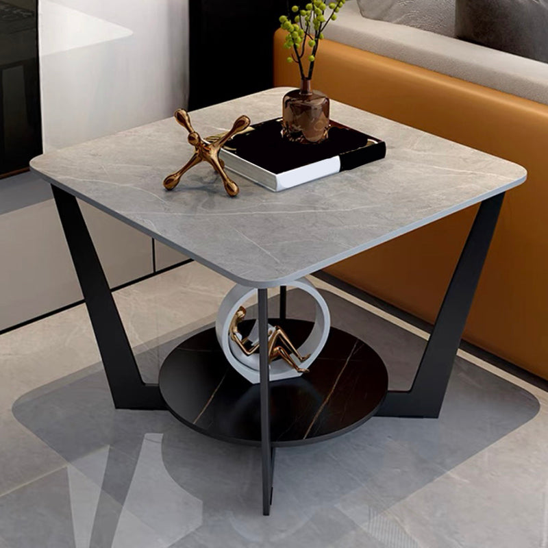 Modern Style Metal Iron Black Base Slab Top with Storage Rack Round Side Table