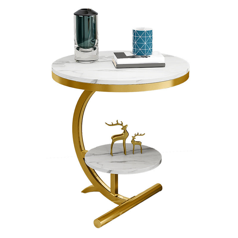 Glam Round Stone Side End Table Abstract Double Tier Sofa Side End Table