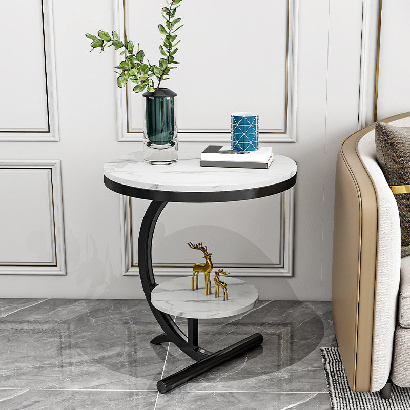Glam Round Stone Side End Table Abstract Double Tier Sofa Side End Table