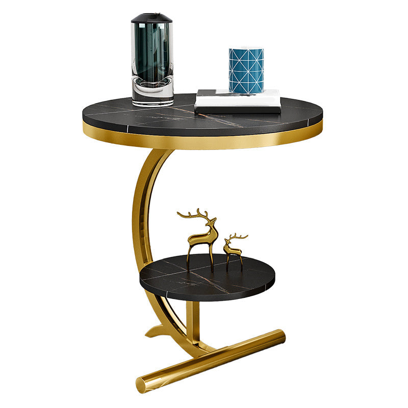 Glam Round Stone Side End Table Abstract Double Tier Sofa Side End Table