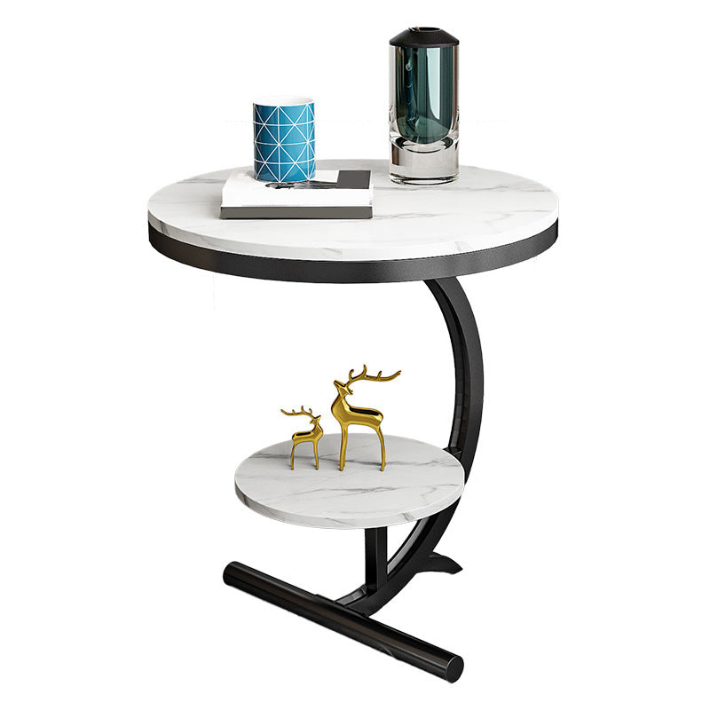 Glam Round Stone Side End Table Abstract Double Tier Sofa Side End Table