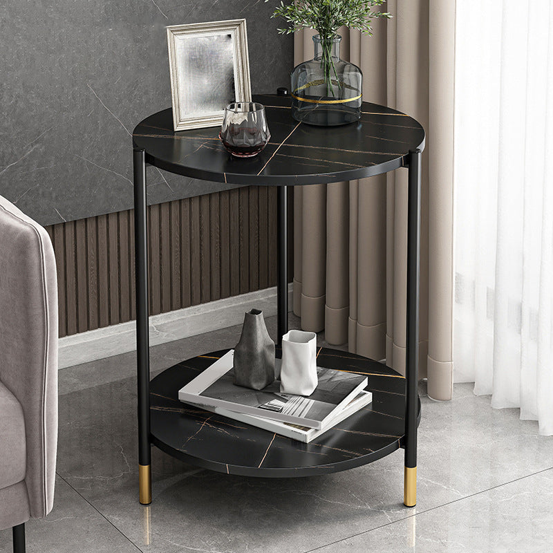 Contemporary Stone Top Side End Table Round Metal Frame Sofa Side Table