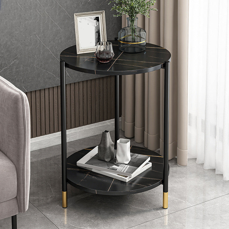 Contemporary Stone Top Side End Table Round Metal Frame Sofa Side Table