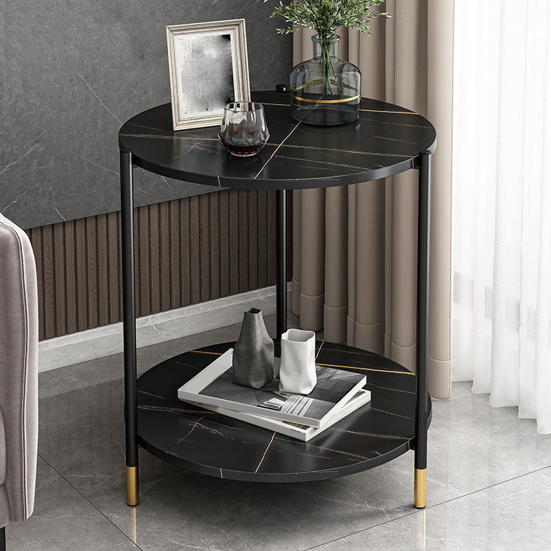 Contemporary Stone Top Side End Table Round Metal Frame Sofa Side Table
