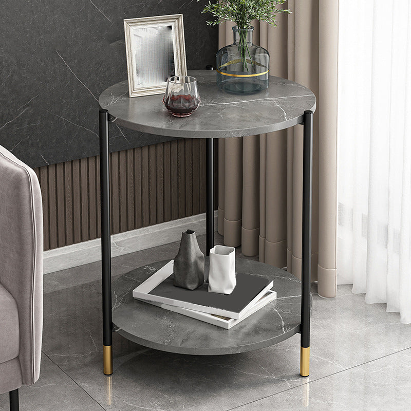 Contemporary Stone Top Side End Table Round Metal Frame Sofa Side Table