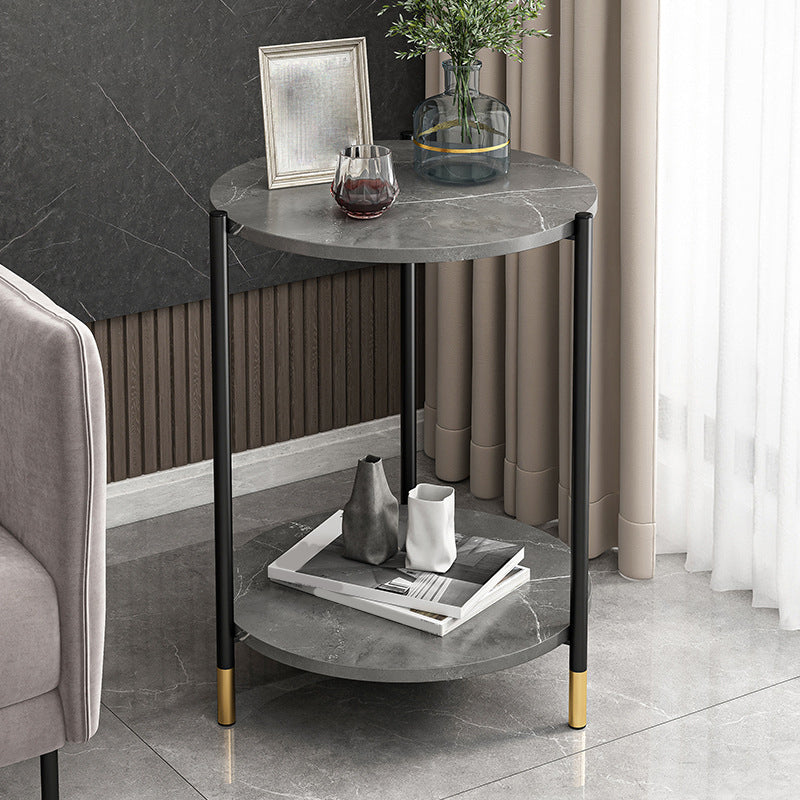 Contemporary Stone Top Side End Table Round Metal Frame Sofa Side Table