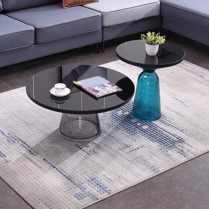 Pedestal Base Design Black Countertop Metal Frame Hand-made Glass Base Round Side Table