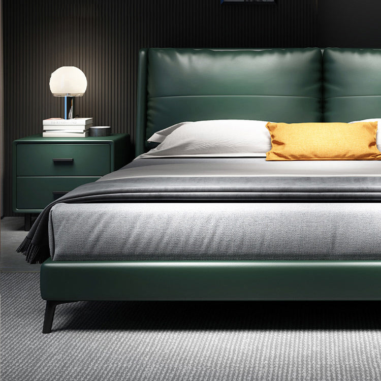 Scandinavian Wooden Panel Bed Green Genuine Leather Standard Bed