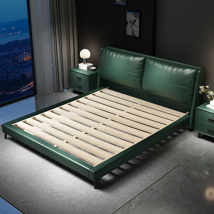 Scandinavian Wooden Panel Bed Green Genuine Leather Standard Bed