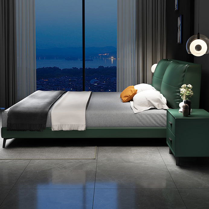 Scandinavian Wooden Panel Bed Green Genuine Leather Standard Bed