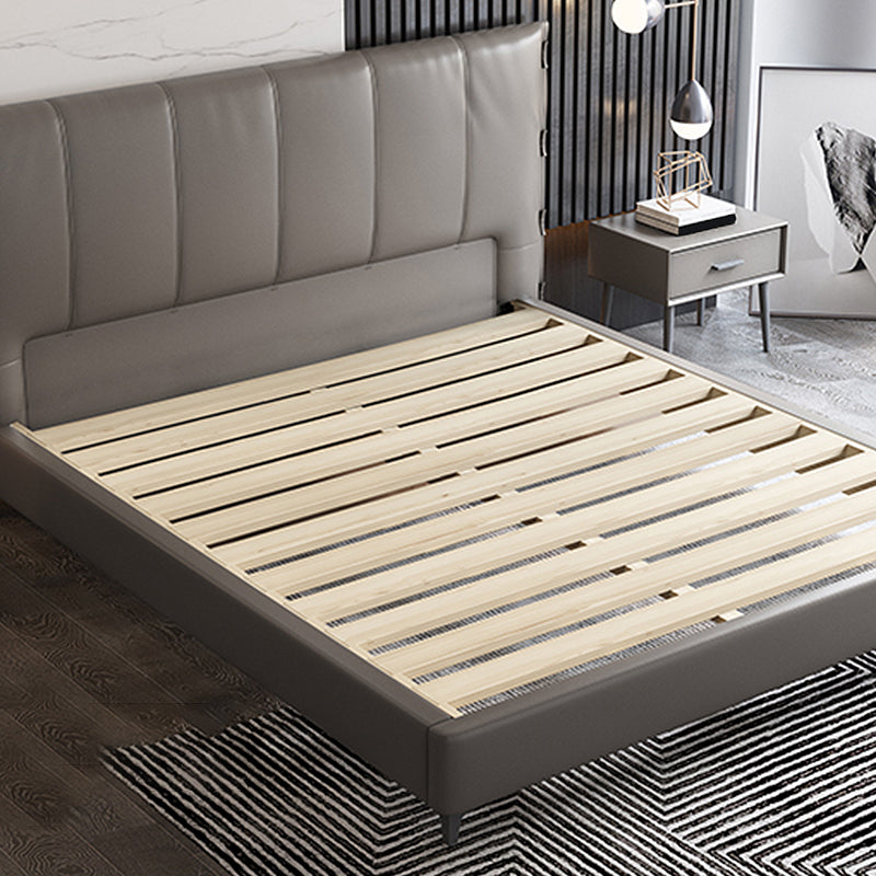 Wooden Modern Grey Bed Frame with Headboard, Genuine Leather Panel Bed