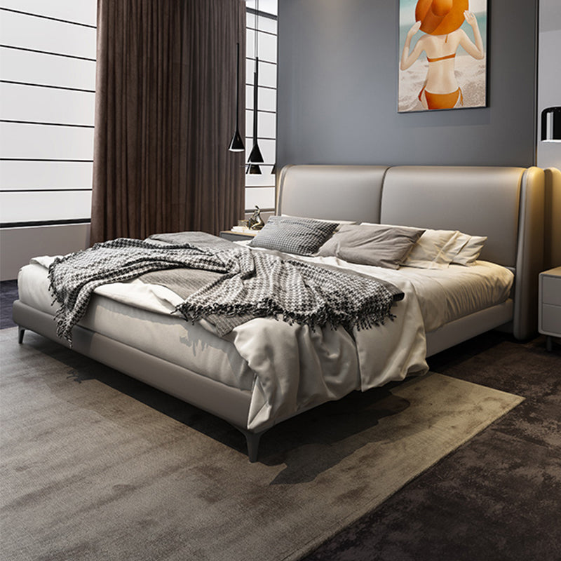 Contemporary Wooden Bed Frame Dark Grey Genuine Leather Standard Bed