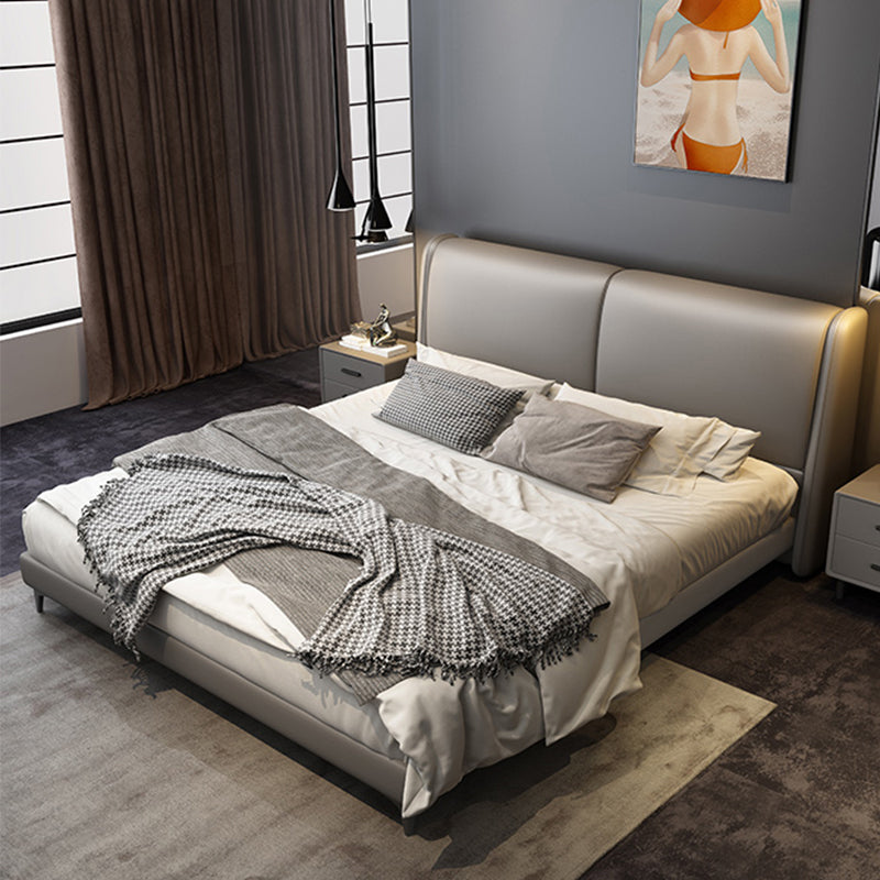 Contemporary Wooden Bed Frame Dark Grey Genuine Leather Standard Bed