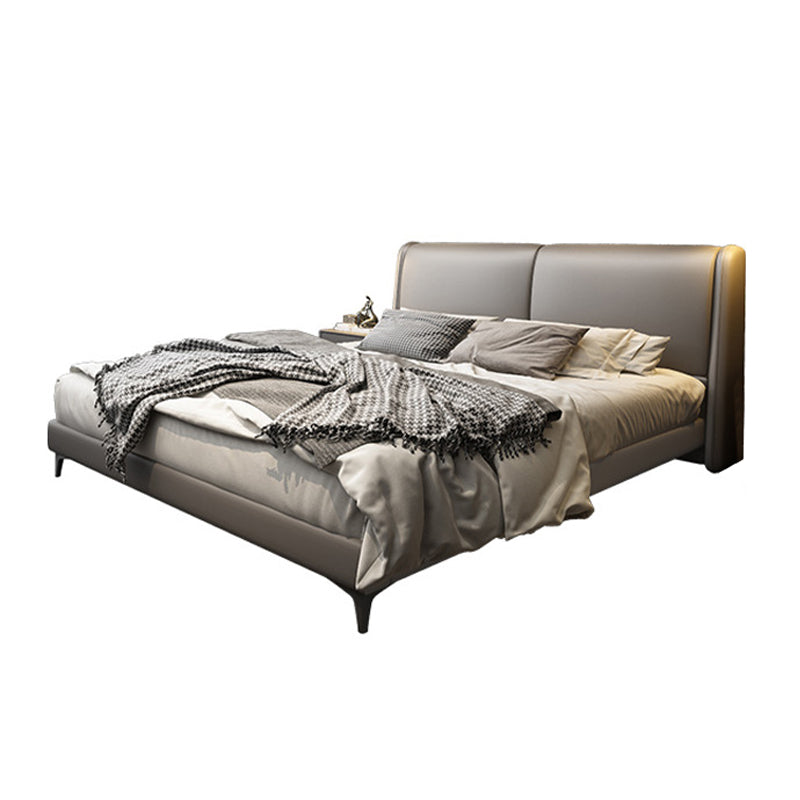 Contemporary Wooden Bed Frame Dark Grey Genuine Leather Standard Bed