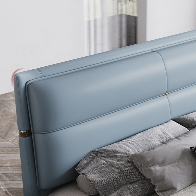 Leather Upholstered Rectangular Panel Bed Standard Bed Frame in Blue