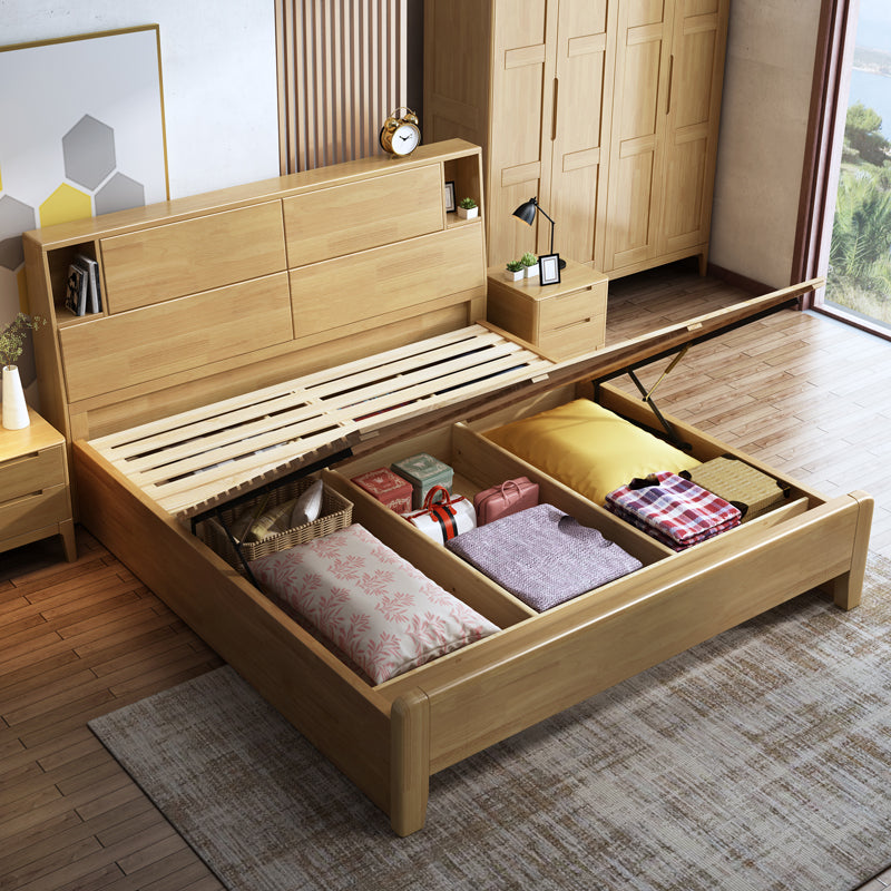 Solid Wood Bed Frame with Headboard Scandinavian Bed with Storage